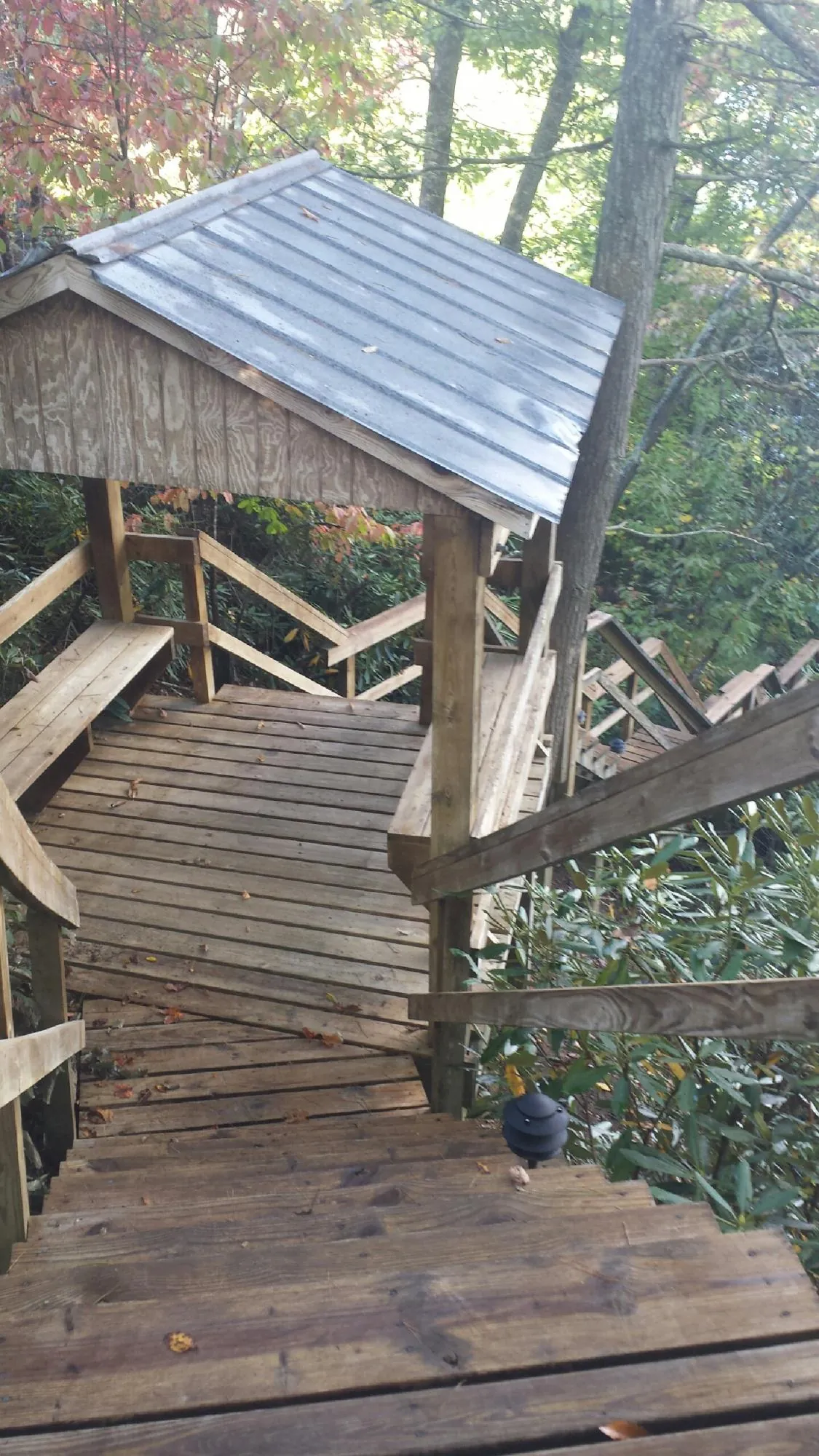 Metal roofed shelter over wooden steps on a wooded walkway — Skylight Repair & Installation work by our crew in Cliffwood